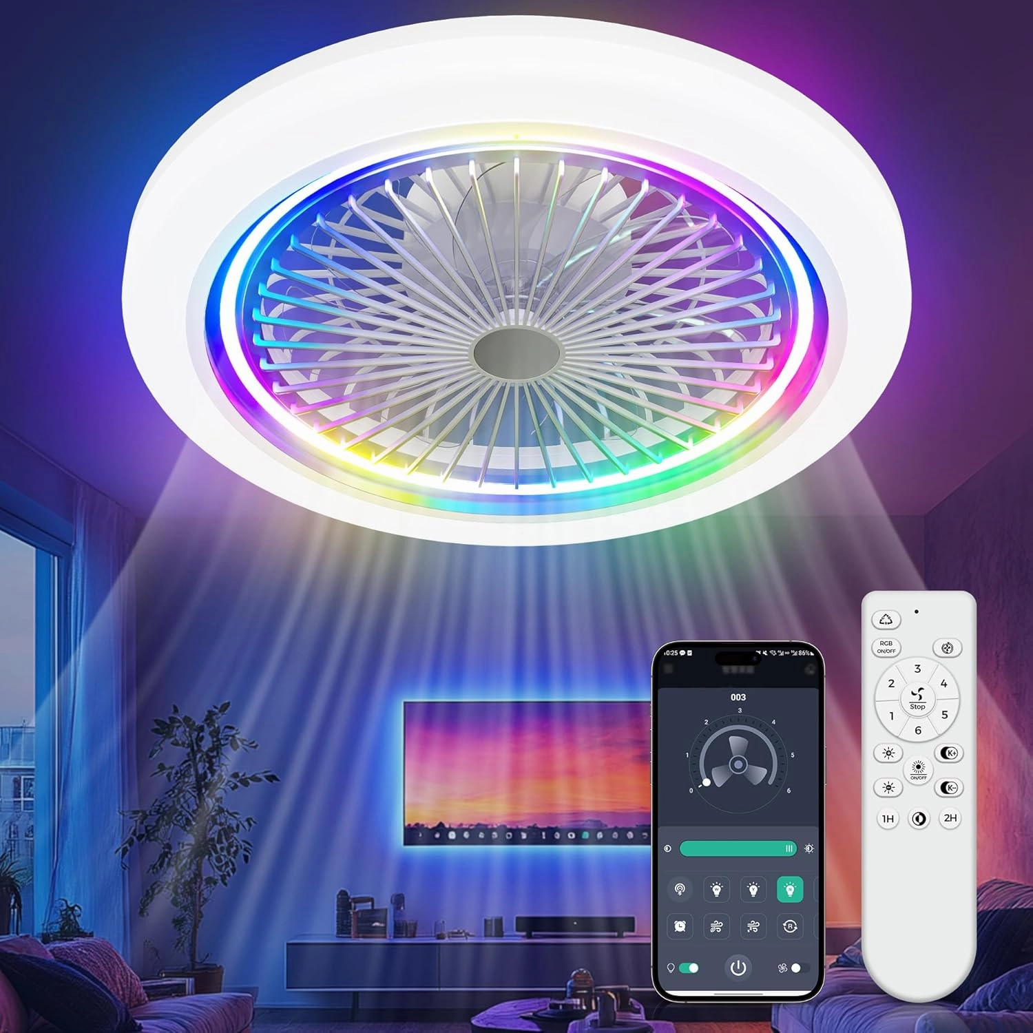 19 in RGB Ceiling Fan With Led Lights: Low Profile Smart Ceiling Fans With Remote APP Control Enclosed Flush Mount Ceiling Fan With Quiet Motor Dimmable For Bedroom App-controlled remote fan for convenience