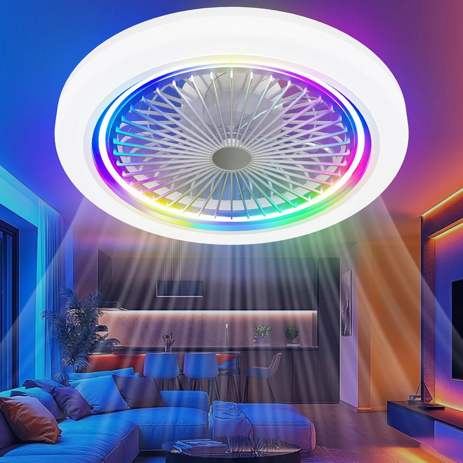 19 in RGB Ceiling Fan With Led Lights: Low Profile Smart Ceiling Fans With Remote APP Control Enclosed Flush Mount Ceiling Fan With Quiet Motor Dimmable For Bedroom