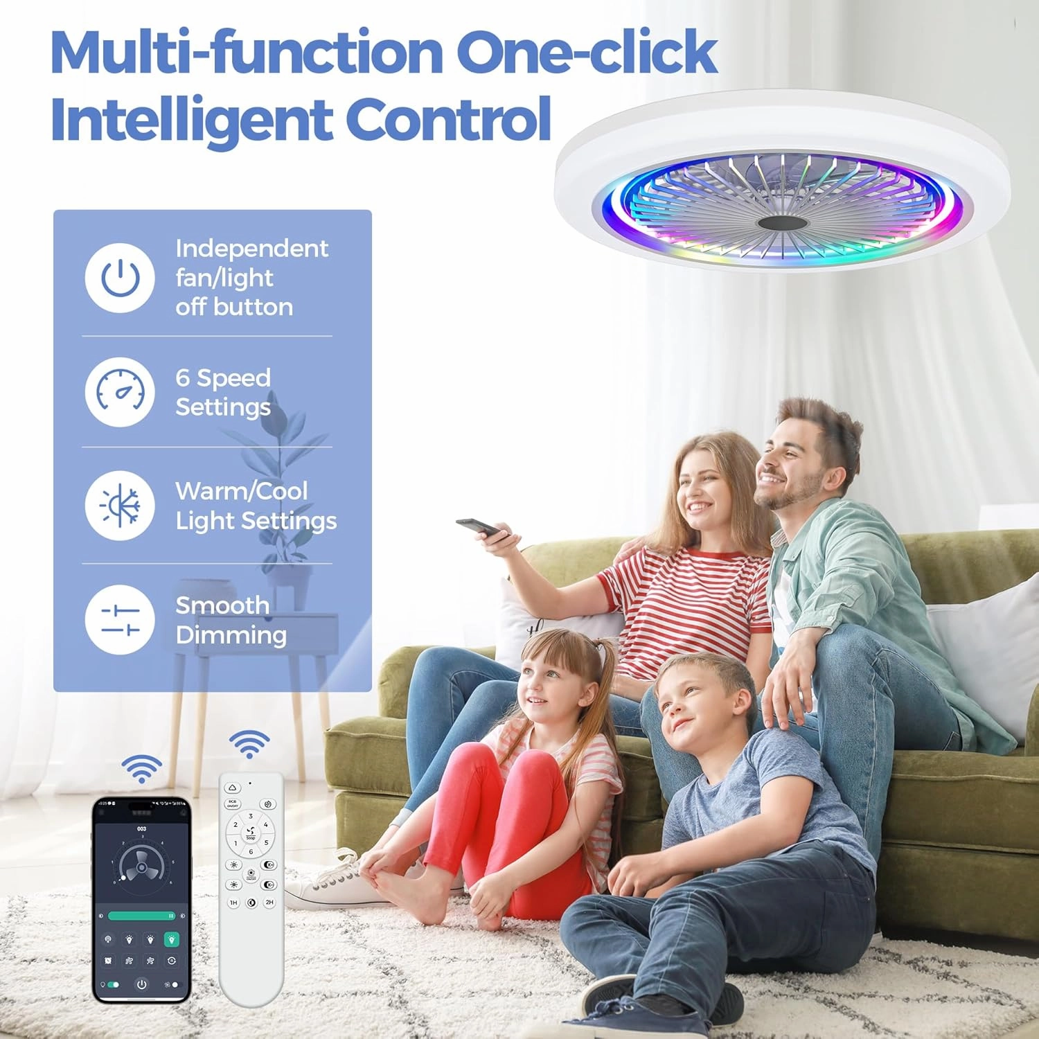 19 in RGB Ceiling Fan With Led Lights: Low Profile Smart Ceiling Fans With Remote APP Control Enclosed Flush Mount Ceiling Fan With Quiet Motor Dimmable For Bedroom