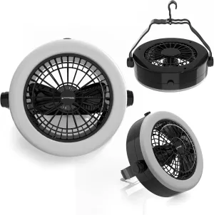 2-In-1 Camping Lantern with Fan - Portable Camping Light with 12 Bright LED Bulbs, USB, and Rechargeable Battery by Wakeman 2-in-1 camping light and fan combo