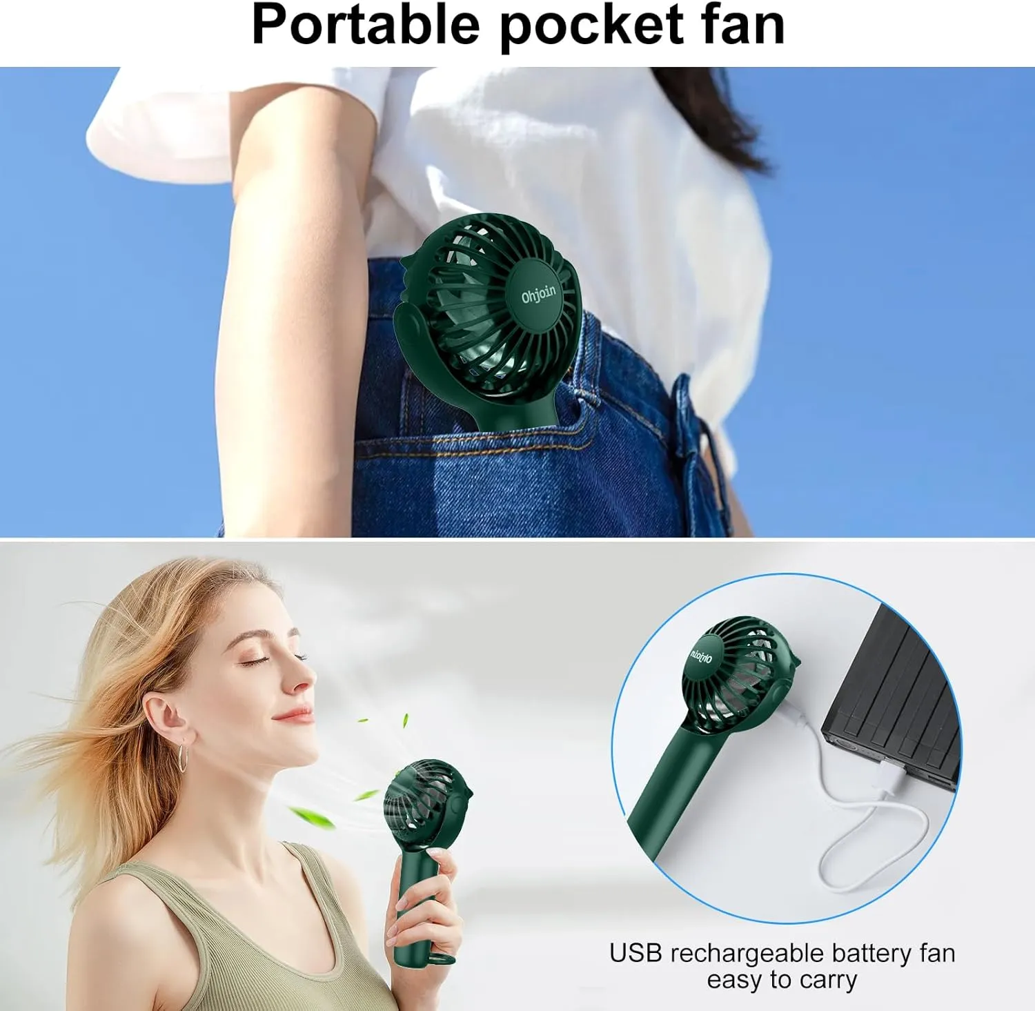 2 IN 1 Portable Mini Handheld Fan with Keychain Stand, Personal Powerful Cooling Fan, Small Battery Operated Table Fan, Quiet Hand Fan, USB Rechargeable, Birthday Gifts for Women (Dark green)