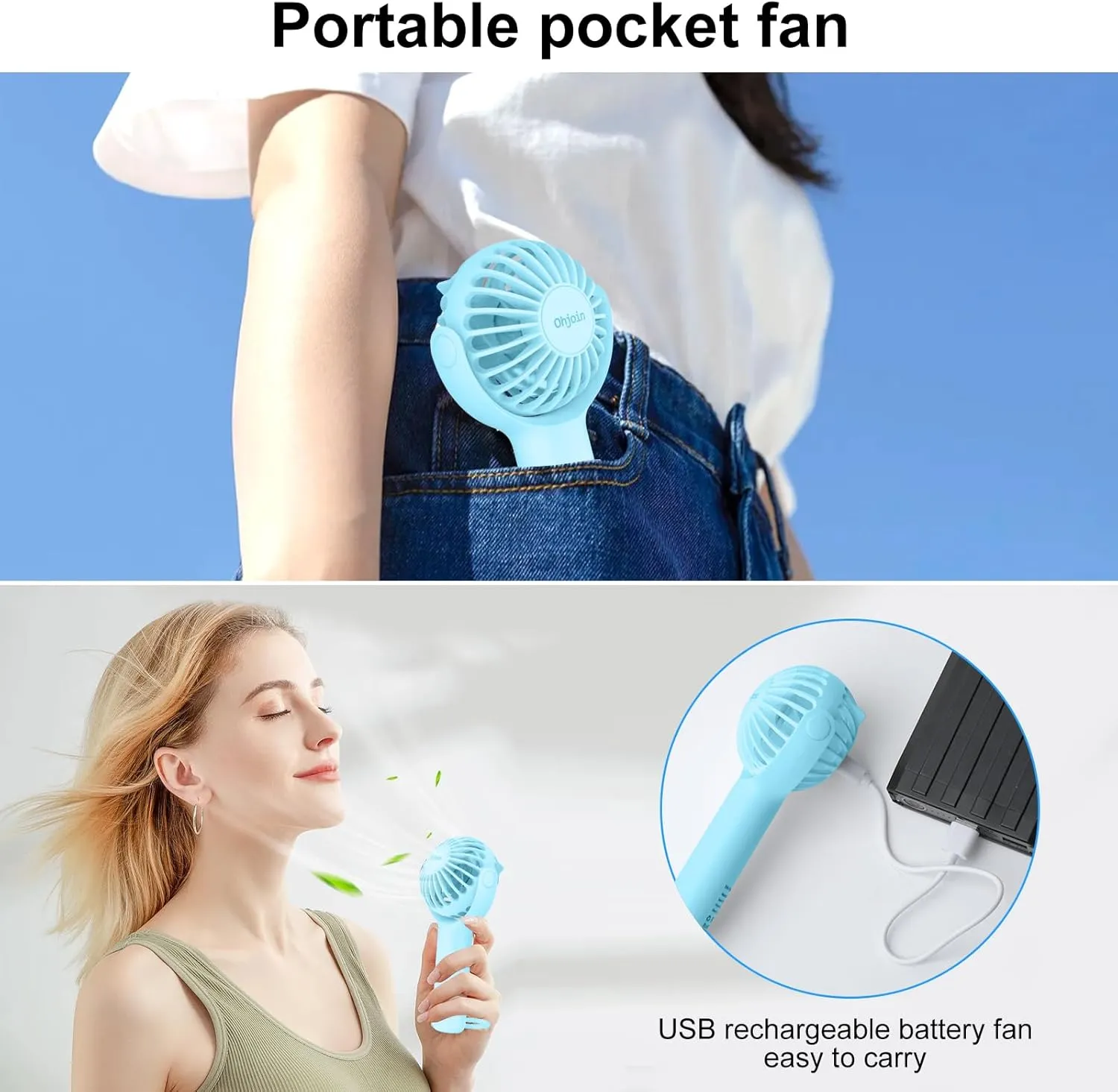 2 IN 1 Portable Mini Handheld Fan with Keychain Stand, Personal Powerful Cooling Fan, Small Battery Operated Table Fan, Quiet Hand Fan, USB Rechargeable, Birthday Gifts for Women (Light blue)
