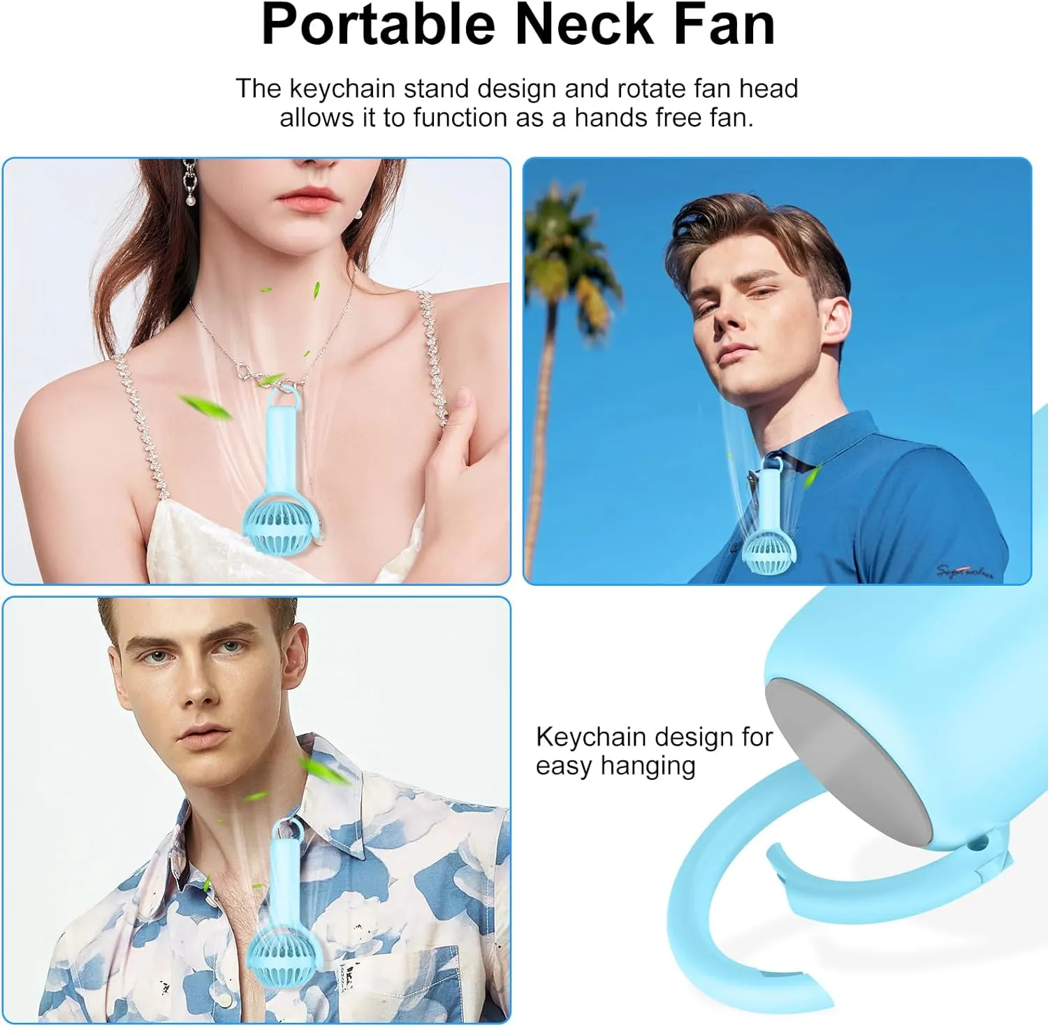 2 IN 1 Portable Mini Handheld Fan with Keychain Stand, Personal Powerful Cooling Fan, Small Battery Operated Table Fan, Quiet Hand Fan, USB Rechargeable, Birthday Gifts for Women (Light blue)