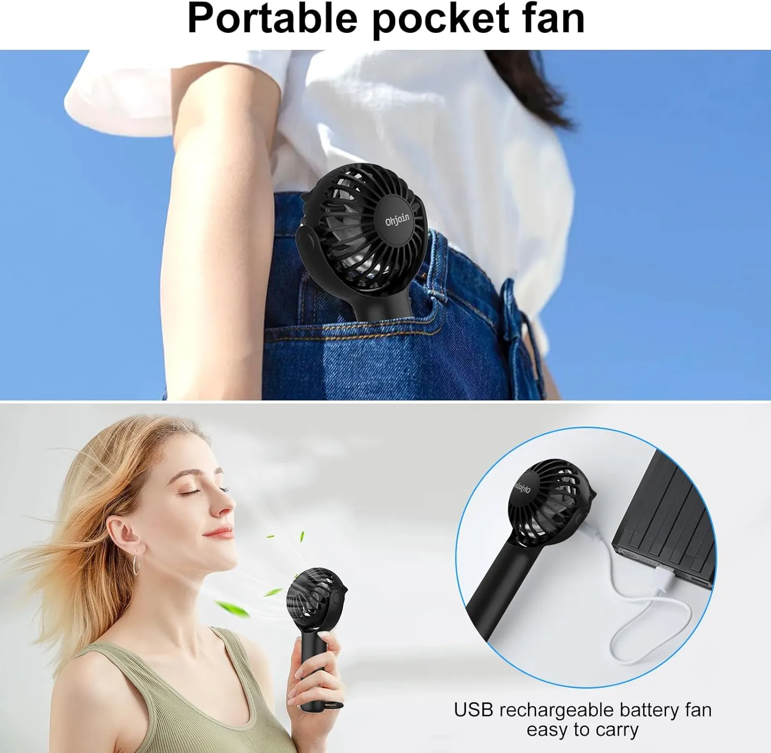 2 IN 1 Portable Mini Handheld Fan with Keychain Stand, Personal Powerful Cooling Fan, Small Battery Operated Table Fan, Quiet Hand Fan, USB Rechargeable, Birthday Gifts for Women Mom (Black)