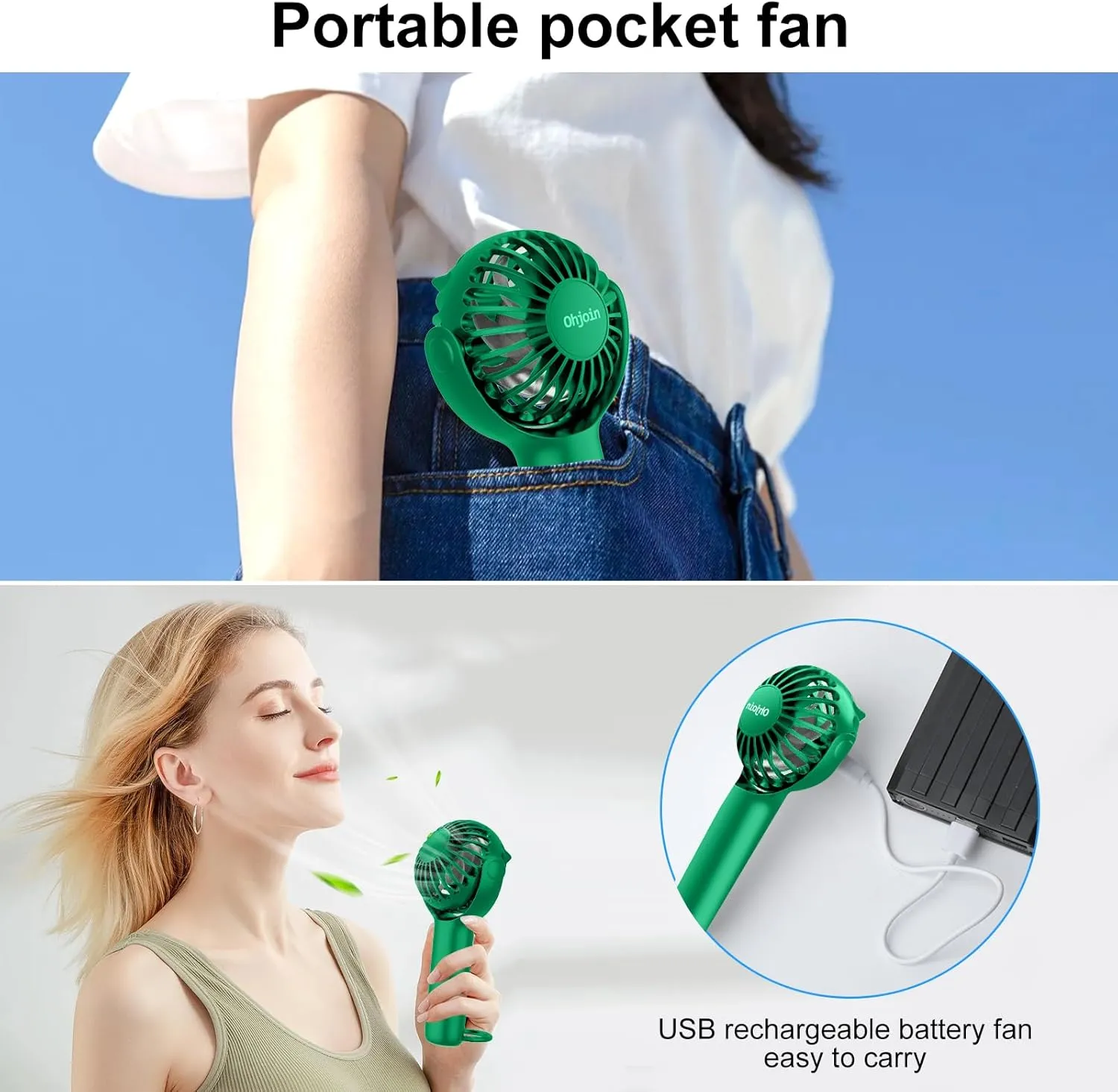 2 IN 1 Portable Mini Handheld Fan with Keychain Stand, Personal Powerful Cooling Fan, Small Battery Operated Table Fan, Quiet Hand Fan, USB Rechargeable, Birthday Gifts for Women Mom (Green)