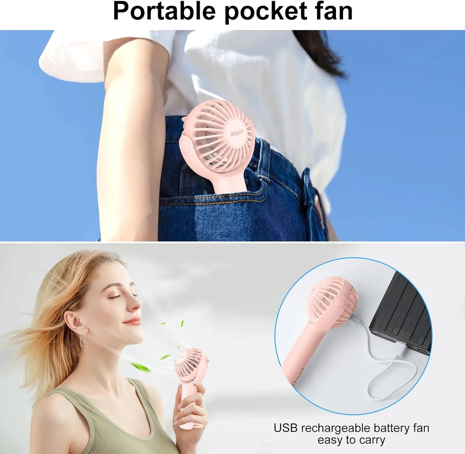 2 IN 1 Portable Mini Handheld Fan with Keychain Stand, Personal Powerful Cooling Fan, Small Battery Operated Table Fan, Quiet Hand Fan, USB Rechargeable, Birthday Gifts for Women Mom (Pink)