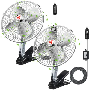2 Pack 12v Car Fan Clip on Silver Cigarette Lighter Plug Vehicle Oscillating Ventilated Cooling Air Fan with 360 Degree Rotate Metal Portable for Truck, RV Car Golf Cart Buses Tractor(8 Inches) 360-degree rotating fan for home use
