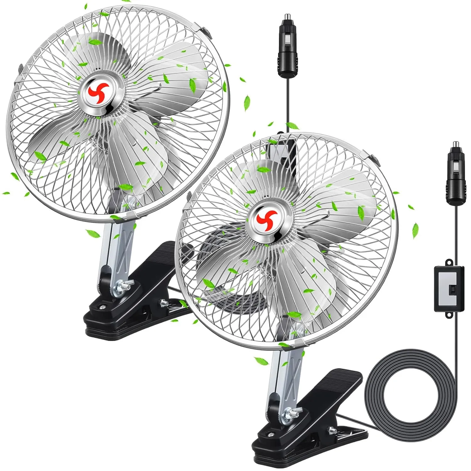 2 Pack 12v Car Fan Clip on Silver Cigarette Lighter Plug Vehicle Oscillating Ventilated Cooling Air Fan with 360 Degree Rotate Metal Portable for Truck, RV Car Golf Cart Buses Tractor(8 Inches) 360-degree rotating fan for home use