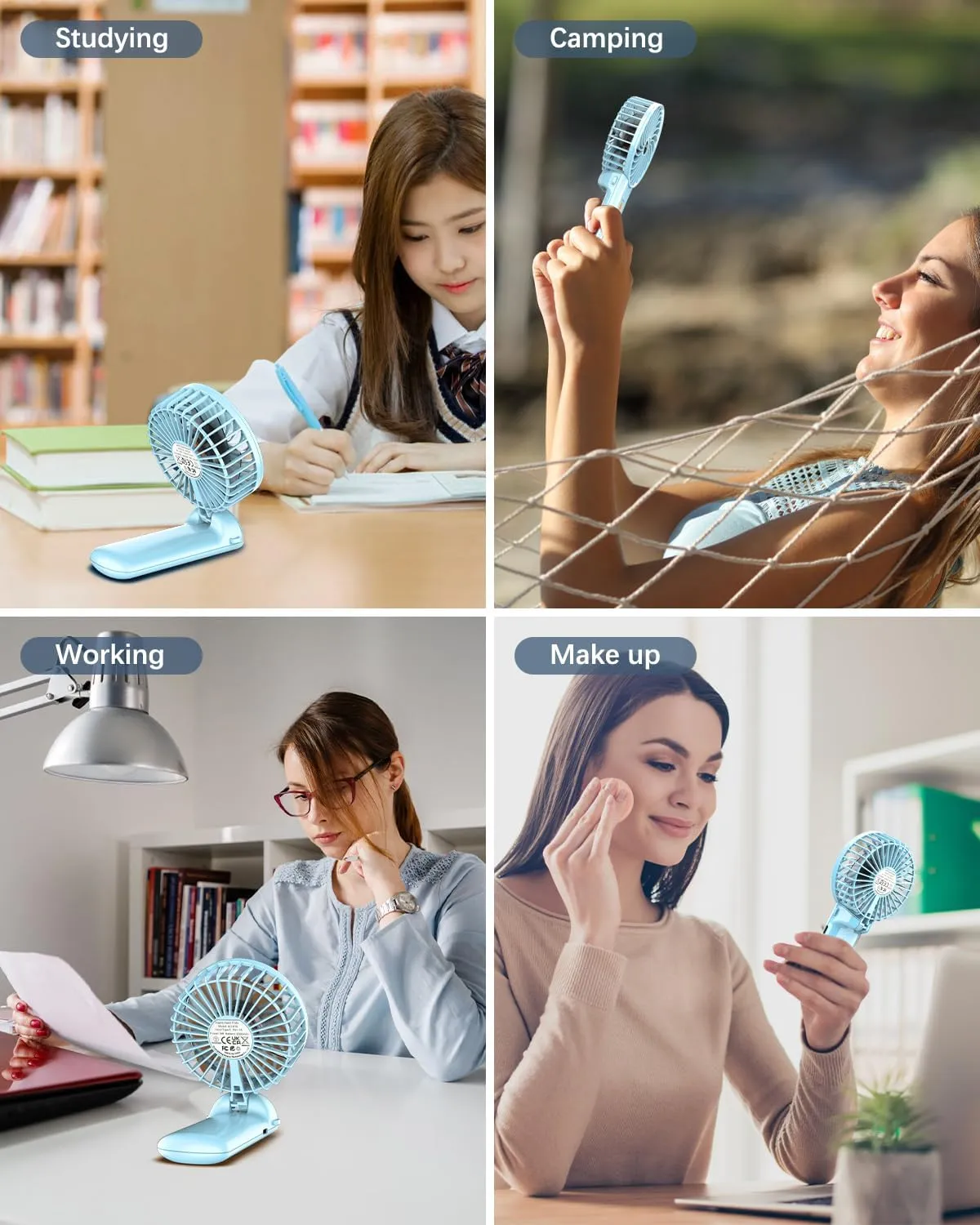 2 Pack Portable Handheld Fan, Mini Hand Held Fan, 6-15H Cooling Small Personal Fan, 180 Foldable Mini Desk Fan with 4 Quiet Speed, Neck Fan w/Lanyard for Kids Women Men Travel Office, Light Blue