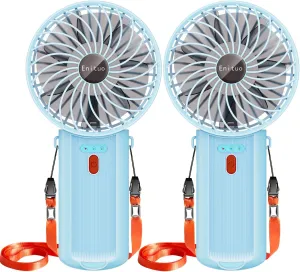 2 Pack Portable Handheld Fan, Mini Hand Held Fan, 6-15H Cooling Small Personal Fan, 180 Foldable Mini Desk Fan with 4 Quiet Speed, Neck Fan w/Lanyard for Kids Women Men Travel Office, Light Blue Neck fan for hands-free comfort