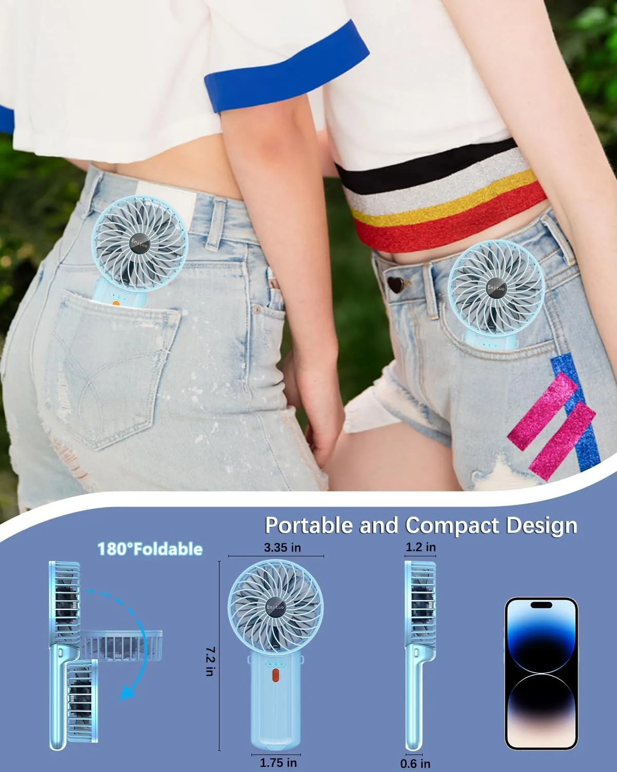 2 Pack Portable Handheld Fan, Mini Hand Held Fan, 6-15H Cooling Small Personal Fan, 180 Foldable Mini Desk Fan with 4 Quiet Speed, Neck Fan w/Lanyard for Kids Women Men Travel Office, Light Blue