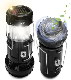 2-Pack Solar Camping Fan w/ Lantern, DIBMS Collapsible Solar Powered USB Rechargeable & Battery Powered Emergency Hanging Lights for Camping Tent Hurricanes Power Outages Storm Indoor Outdoor Solar-powered car fan for ventilation