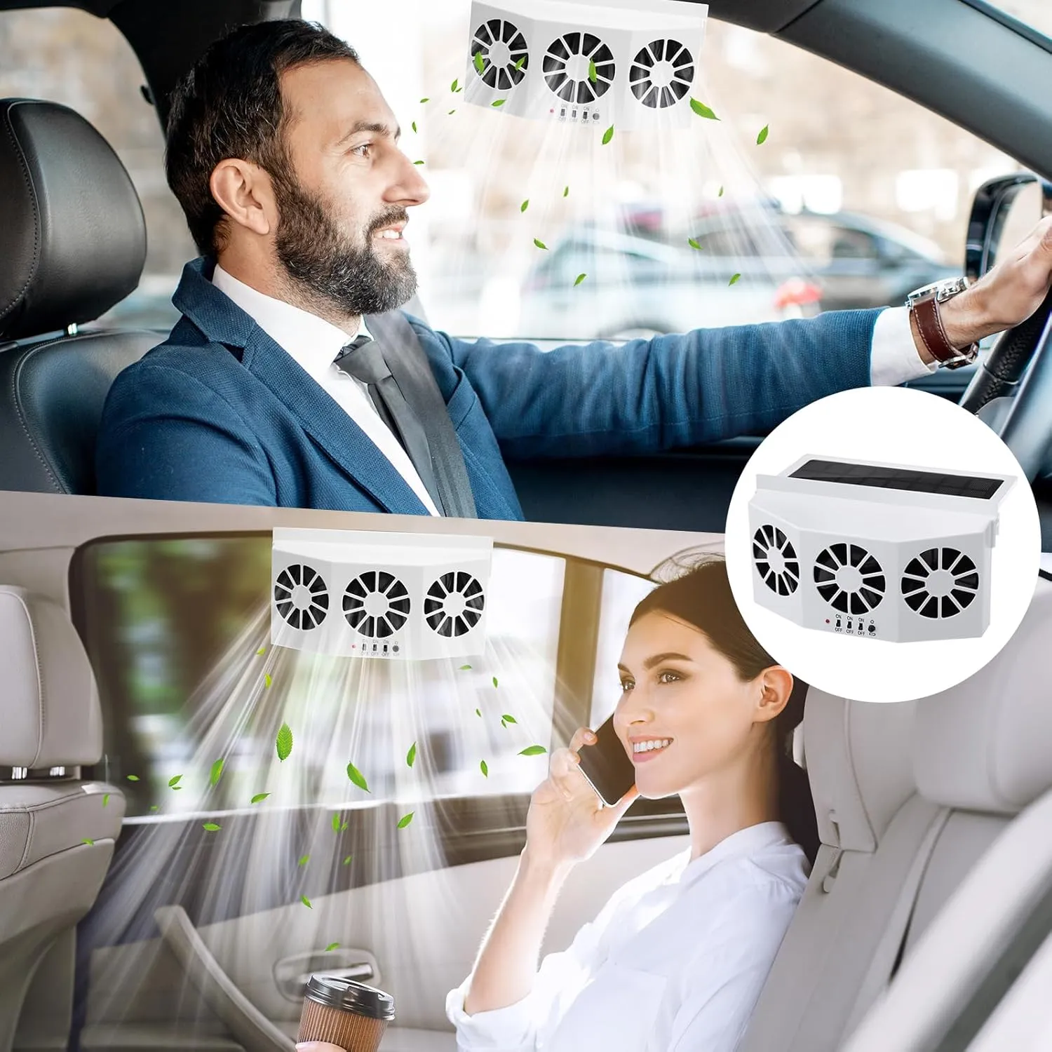 2 Pack Solar Powered Car Exhaust Fan 3 Fans Car Window 4500 RPM Air Vent Radiator Solar Energy Cooling Vent Exhaust for General Types(Solar 3 Fans,White)