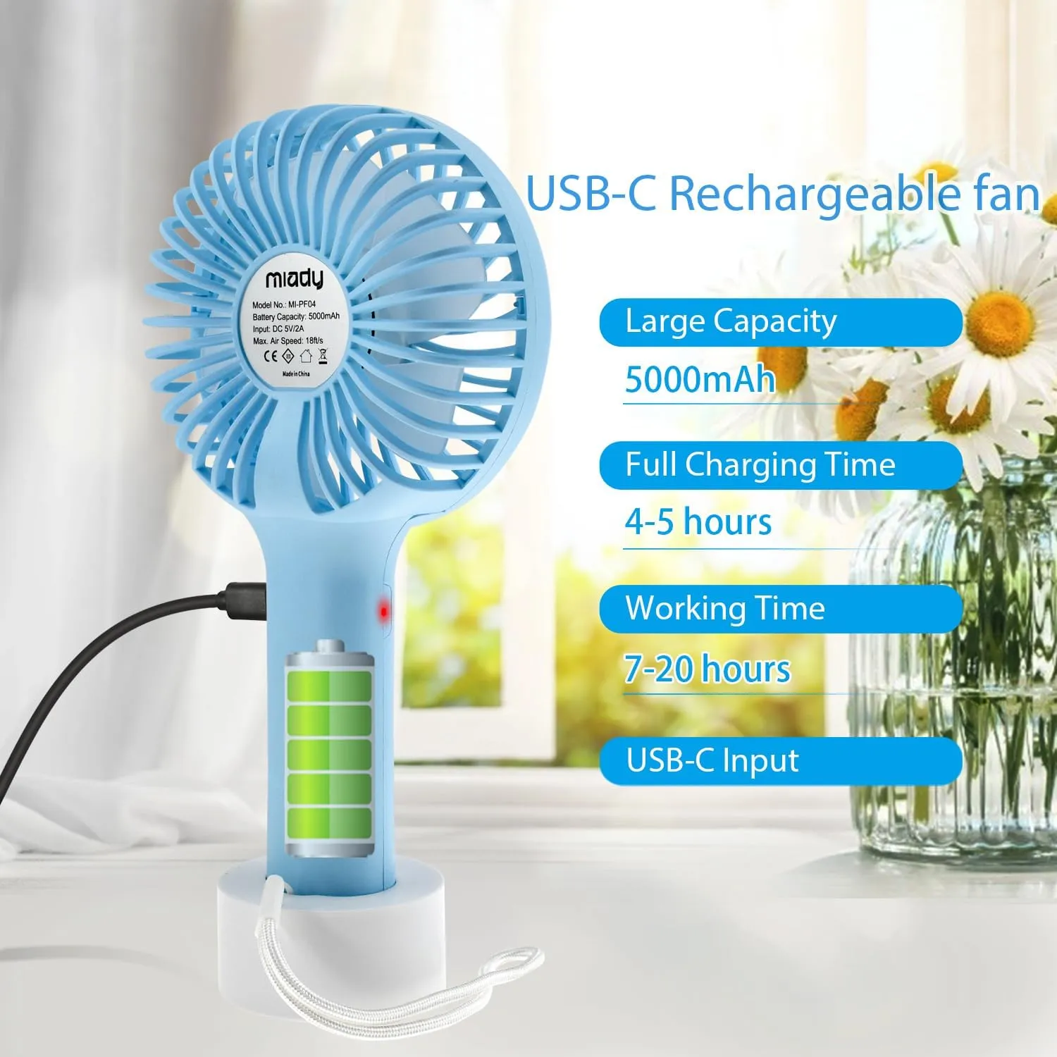 2-Pack Upgraded 5000mAh Portable Handheld Fan 3 Speed Mini USB Strong Wind 7-20 Hours Runtime Personal Electric for Travel Office Outdoor (Cream Blue pink)