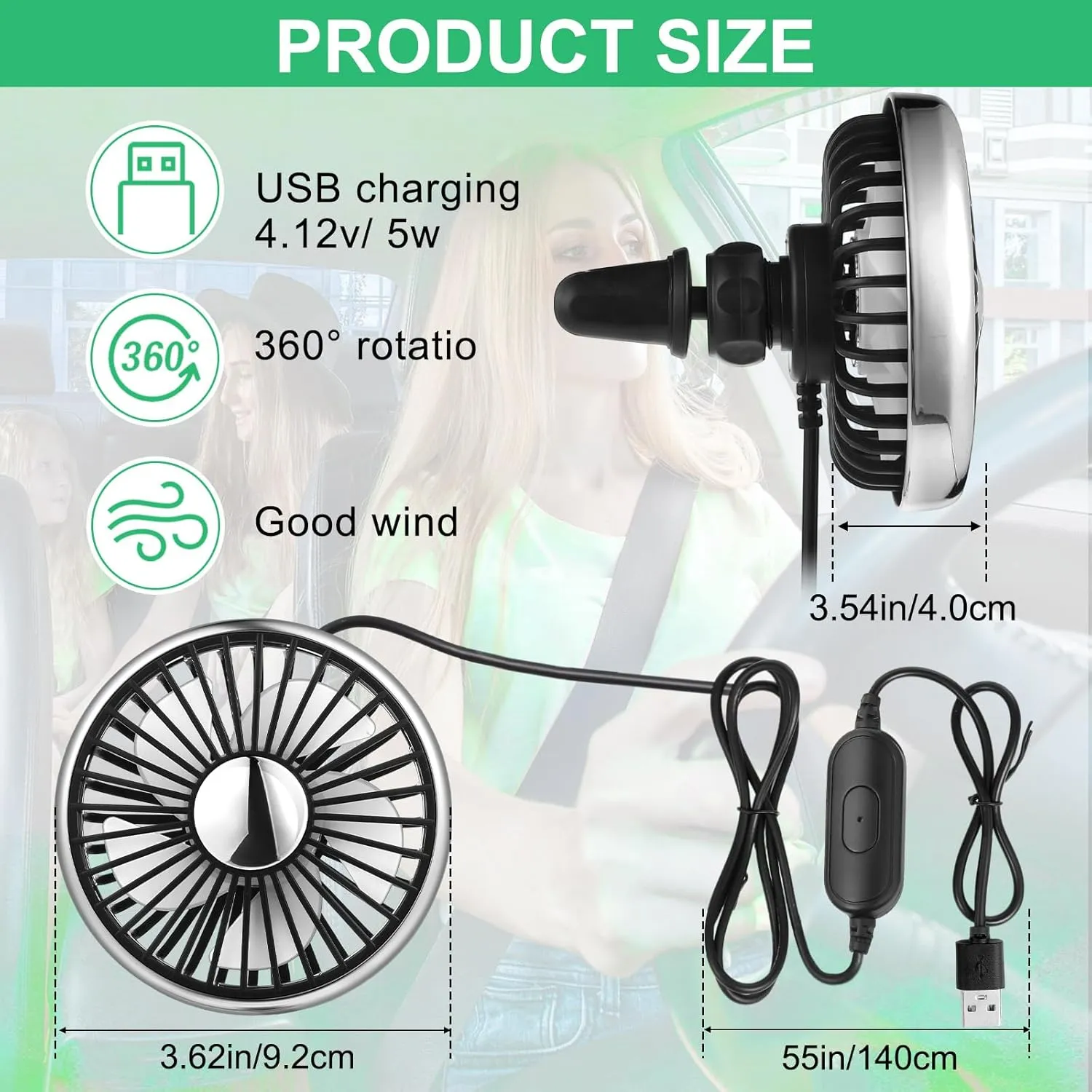 2 Pcs Car Fan USB for Rear Seat Passenger Portable Headrest 360 Degree Rotatable 3 Speed 12v/ 24v Automobile Ventilation Fan with Clip for SUV Backseat, RV, Vehicles (Novelty)