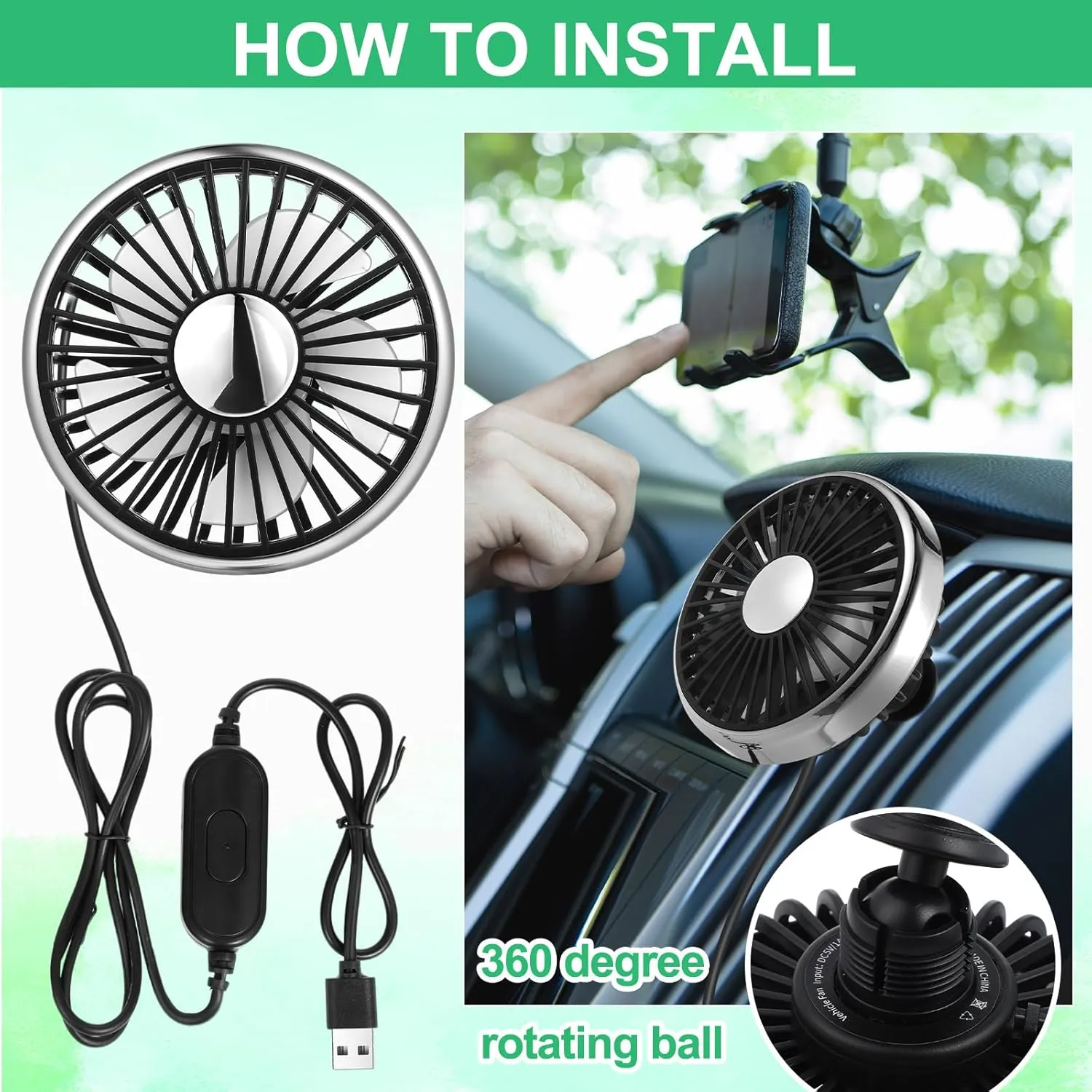 2 Pcs Car Fan USB for Rear Seat Passenger Portable Headrest 360 Degree Rotatable 3 Speed 12v/ 24v Automobile Ventilation Fan with Clip for SUV Backseat, RV, Vehicles (Novelty)