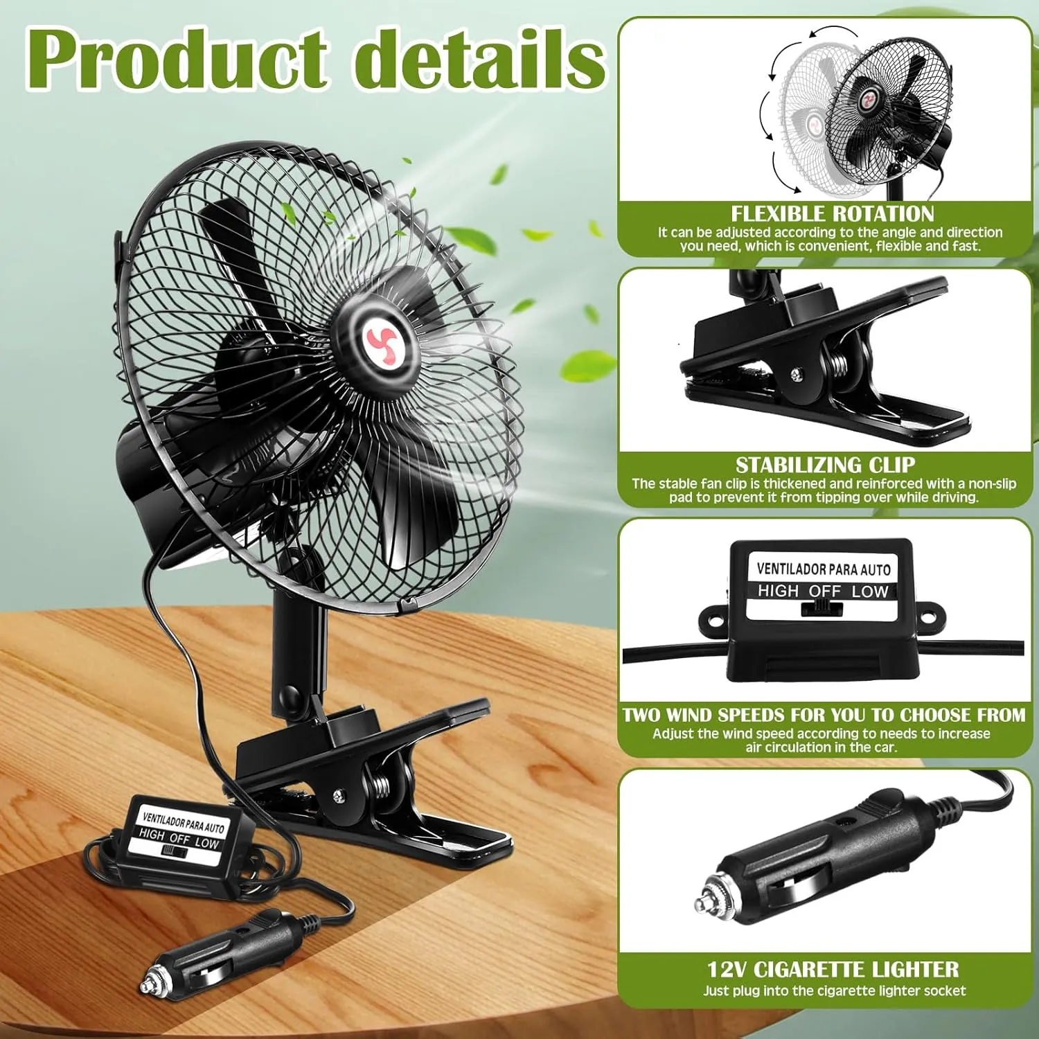 2 Pcs Portable Car Fan with Car Cigarette Lighter Electric Cooling 12 Volt Oscillating Fan 12 Volt Fan Automobile Vehicle 360 Degree Swivel Fan with Clip for Car Truck Supplies, Black (8 Inch)