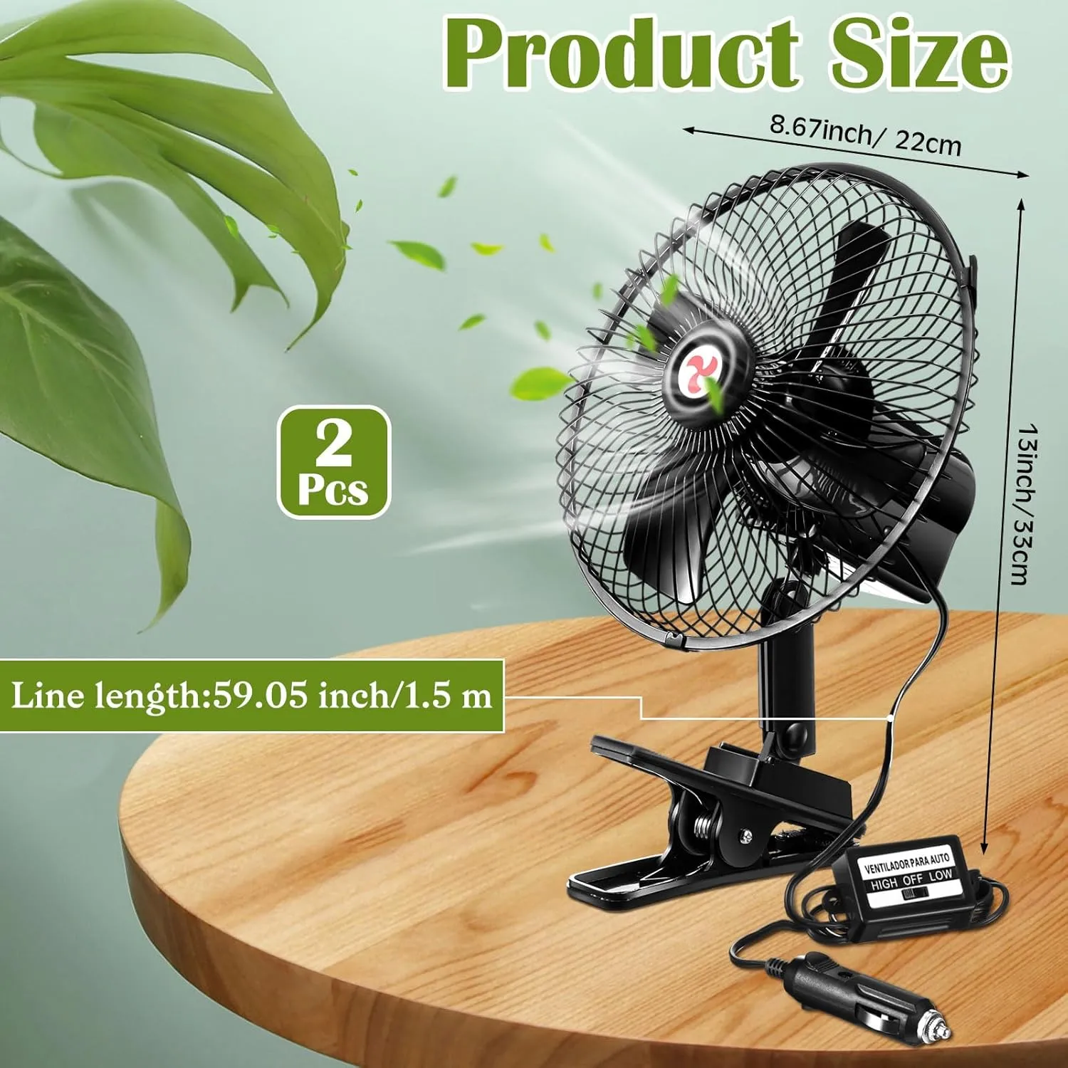 2 Pcs Portable Car Fan with Car Cigarette Lighter Electric Cooling 12 Volt Oscillating Fan 12 Volt Fan Automobile Vehicle 360 Degree Swivel Fan with Clip for Car Truck Supplies, Black (8 Inch)