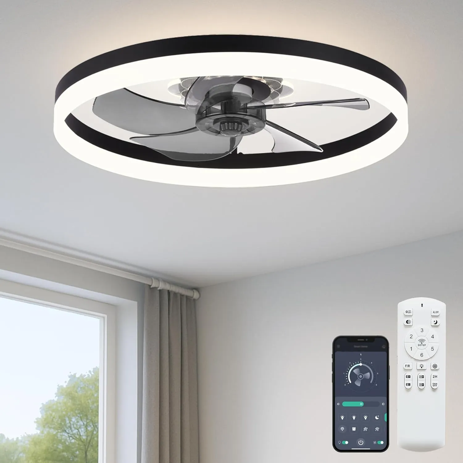 20'' Ceiling Fan with Light, Upgraded Low Profile Fan, Flush Mount Ceiling Fan, 6 Speeds, Dimmable LED, App & Remote Control, Quiet DC Motor, for Bedroom, Living Room, F115 Black App-controlled remote fan for convenience