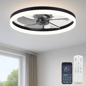 20'' Ceiling Fan with Light, Upgraded Low Profile Fan, Flush Mount Ceiling Fan, 6 Speeds, Dimmable LED, App & Remote Control, Quiet DC Motor, for Bedroom, Living Room, F115 Black App-controlled remote fan for convenience