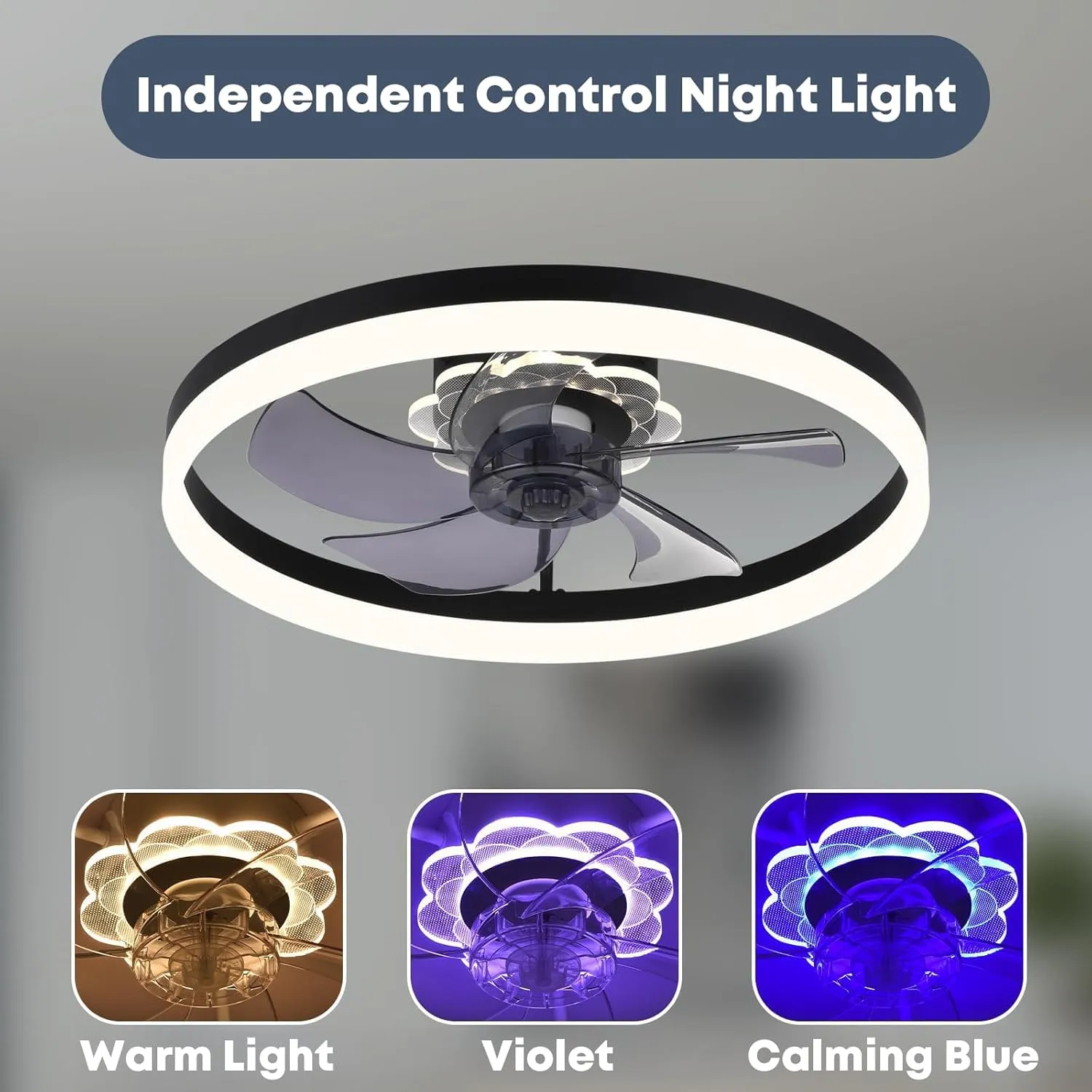 20'' Ceiling Fan with Light, Upgraded Low Profile Fan, Flush Mount Ceiling Fan, 6 Speeds, Dimmable LED, App & Remote Control, Quiet DC Motor, for Bedroom, Living Room, F115 Black