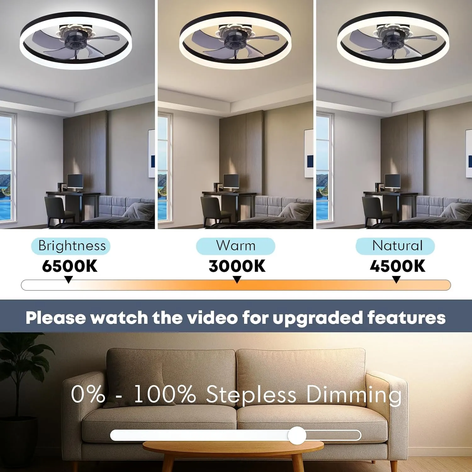 20'' Ceiling Fan with Light, Upgraded Low Profile Fan, Flush Mount Ceiling Fan, 6 Speeds, Dimmable LED, App & Remote Control, Quiet DC Motor, for Bedroom, Living Room, F115 Black