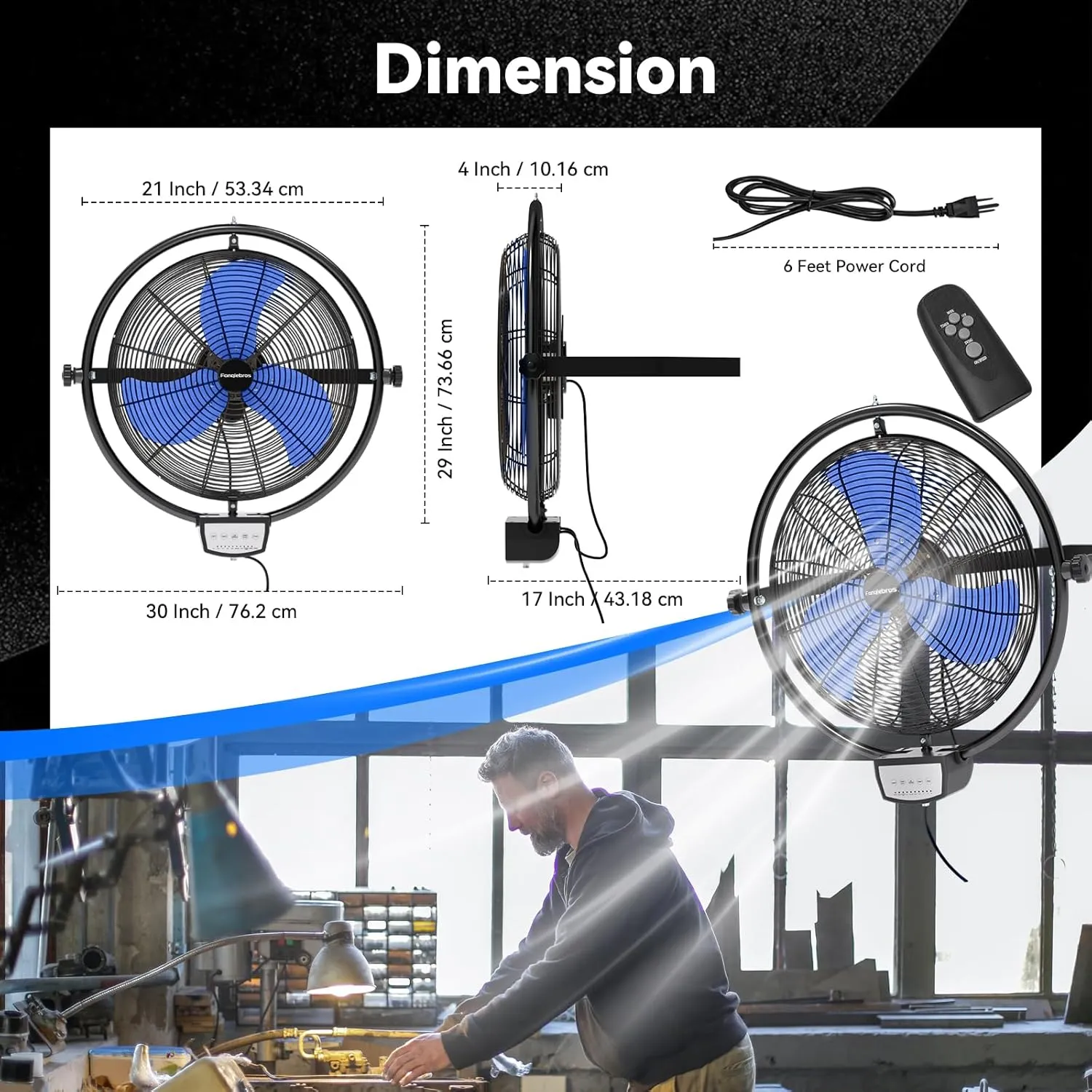 20 IN 5000 CFM Remote Control Wall Mount Fan, 3 Speed Industrial Wall Fan with Timer, Oscillation & Tilting, Air Circulator for Garage, Commercial, Greenhouse, Warehouse & Gazebo Use, UL Listed