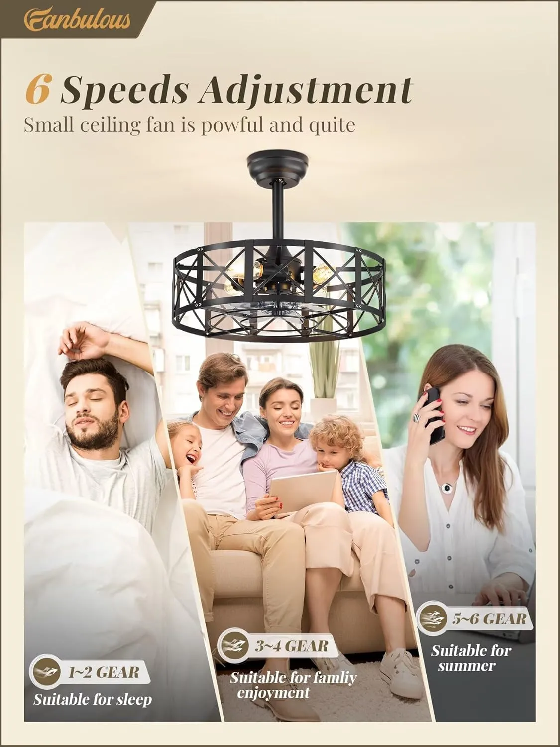 20 Inch Fandelier Caged Ceiling Fans with Lights and Remote, Black Bladeless Ceiling Fan with 6 Speeds and Timing, Farmhouse Samll Fan Lights Ceiling Fixtures For Kitchen, Bedroom-Black