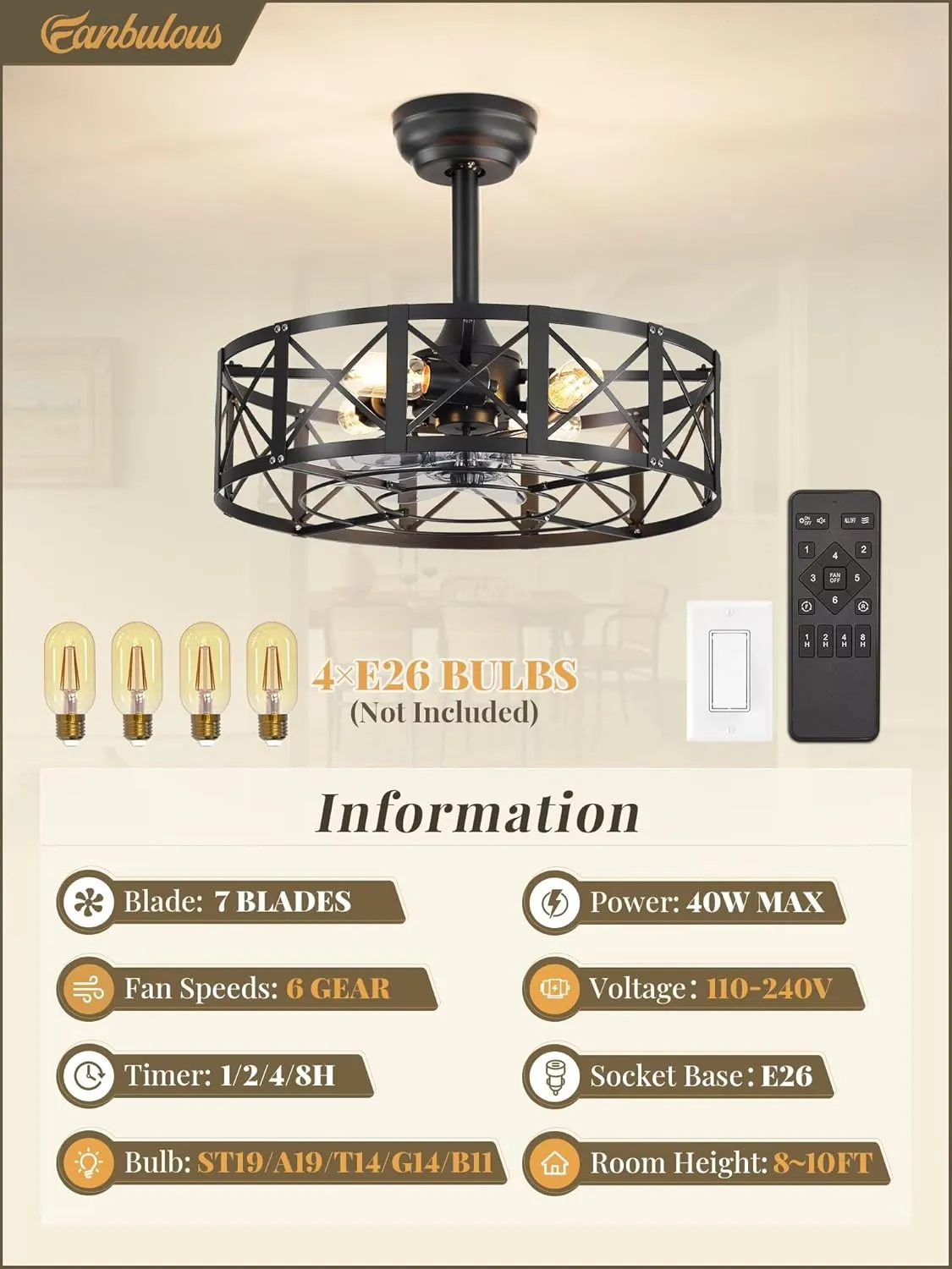 20 Inch Fandelier Caged Ceiling Fans with Lights and Remote, Black Bladeless Ceiling Fan with 6 Speeds and Timing, Farmhouse Samll Fan Lights Ceiling Fixtures For Kitchen, Bedroom-Black