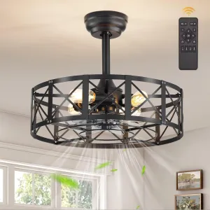 20 Inch Fandelier Caged Ceiling Fans with Lights and Remote, Black Bladeless Ceiling Fan with 6 Speeds and Timing, Farmhouse Samll Fan Lights Ceiling Fixtures For Kitchen, Bedroom-Black Fan with safety blade design