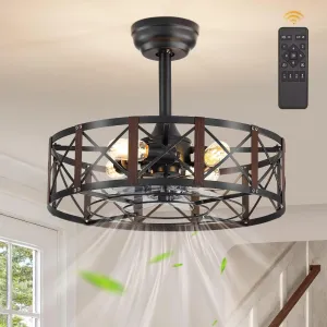 20 Inch Fandelier Caged Ceiling Fans with Lights and Remote, Black Bladeless Ceiling Fan with 6 Speeds and Timing, Farmhouse Samll Fan Lights Ceiling Fixtures for Kitchen, Bedroom-Walnut Fan with safety blade design
