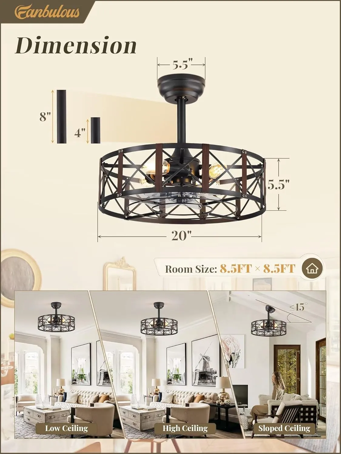 20 Inch Fandelier Caged Ceiling Fans with Lights and Remote, Black Bladeless Ceiling Fan with 6 Speeds and Timing, Farmhouse Samll Fan Lights Ceiling Fixtures for Kitchen, Bedroom-Walnut