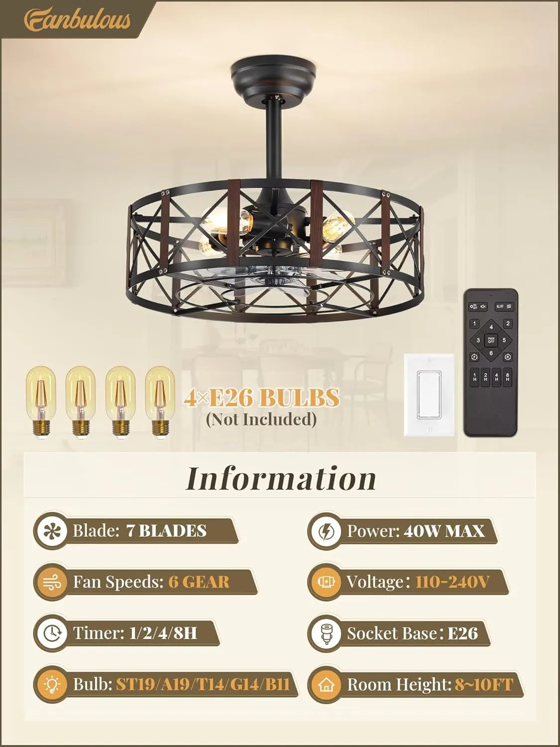 20 Inch Fandelier Caged Ceiling Fans with Lights and Remote, Black Bladeless Ceiling Fan with 6 Speeds and Timing, Farmhouse Samll Fan Lights Ceiling Fixtures for Kitchen, Bedroom-Walnut