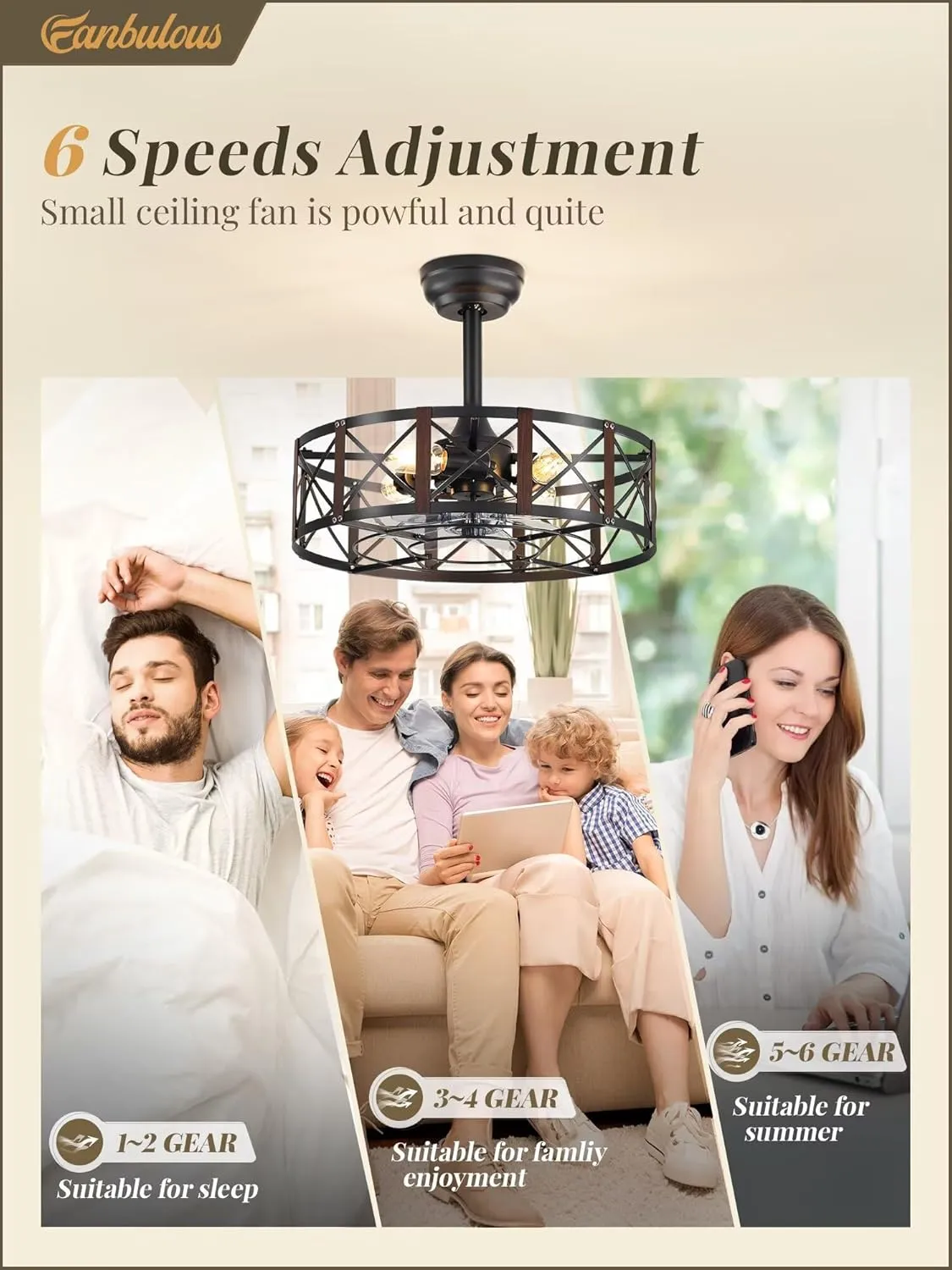 20 Inch Fandelier Caged Ceiling Fans with Lights and Remote, Black Bladeless Ceiling Fan with 6 Speeds and Timing, Farmhouse Samll Fan Lights Ceiling Fixtures for Kitchen, Bedroom-Walnut