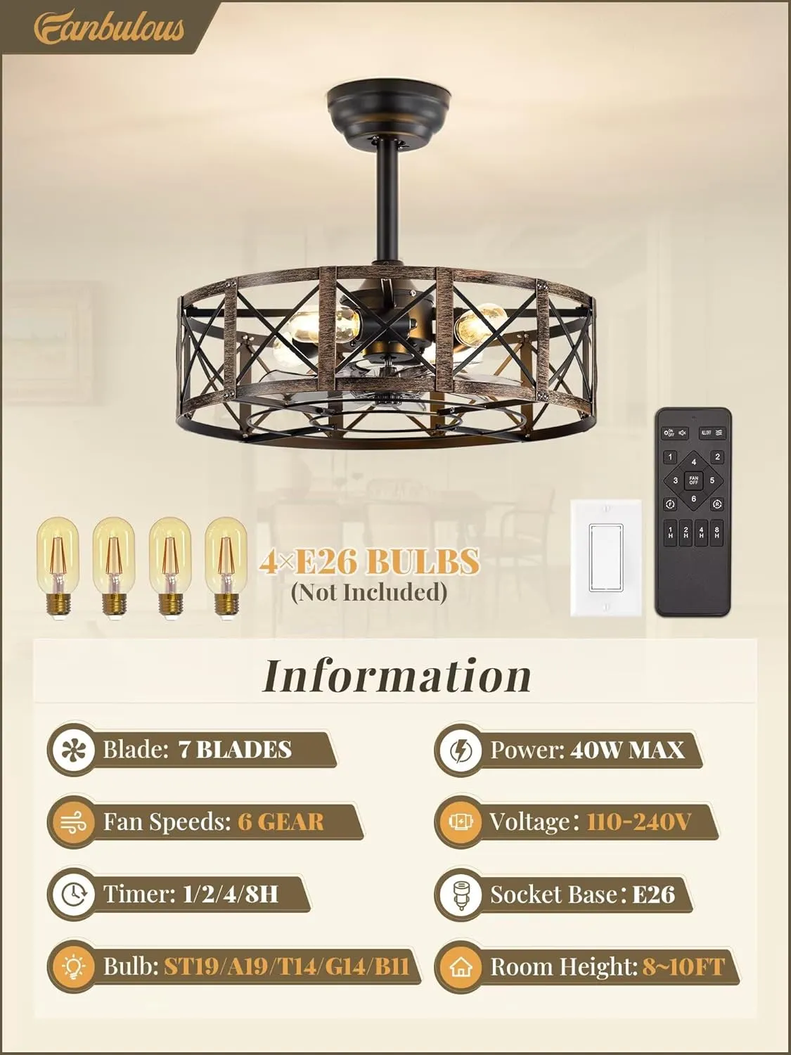 20 Inch Fandelier Caged Ceiling Fans with Lights and Remote, Black Farmhouse Ceiling Fan, Bladeless Samll Fan Lights Ceiling Fixtures For Kitchen, Bedroom-Black and Gold