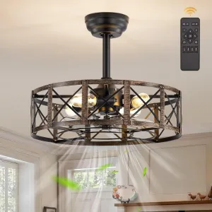 20 Inch Fandelier Caged Ceiling Fans with Lights and Remote, Black Farmhouse Ceiling Fan, Bladeless Samll Fan Lights Ceiling Fixtures For Kitchen, Bedroom-Black and Gold Fan with safety blade design