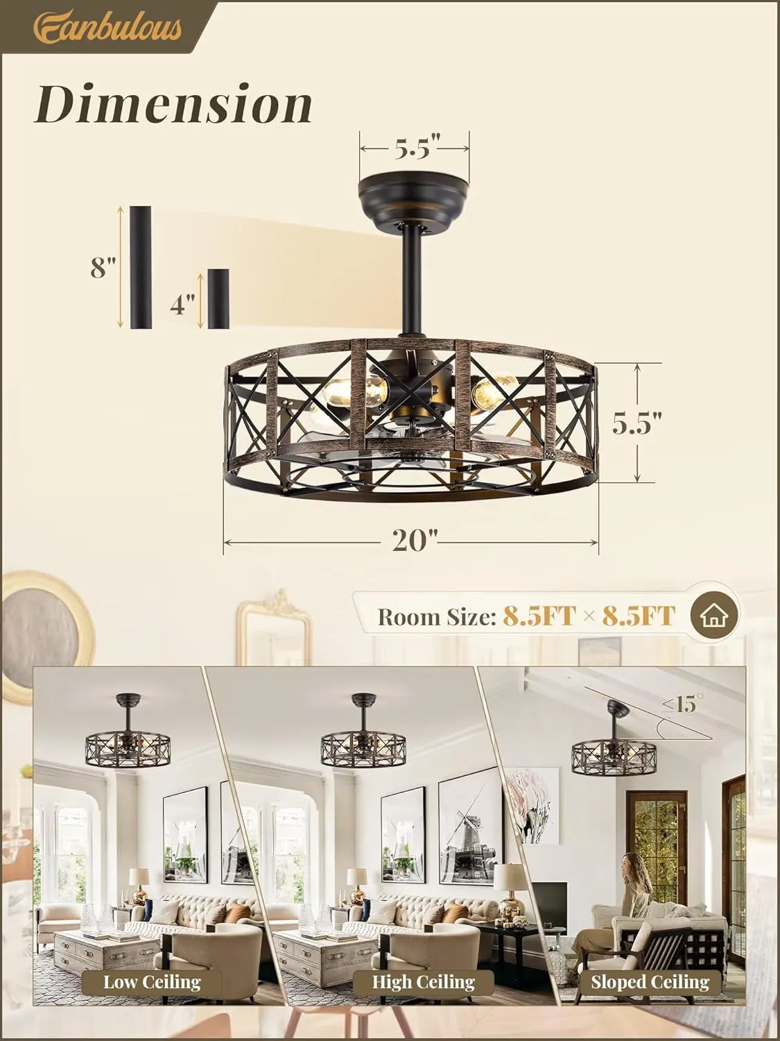 20 Inch Fandelier Caged Ceiling Fans with Lights and Remote, Black Farmhouse Ceiling Fan, Bladeless Samll Fan Lights Ceiling Fixtures For Kitchen, Bedroom-Black and Gold