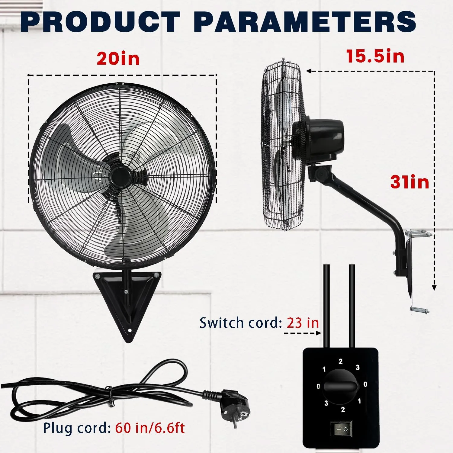 20 Inch Wall Mount Fan, Heavy Duty Oscillating Wall Mounted Fan with 5500 CFM, High Velocity 3 Speed Fans Outdoor with Adjustable Tilting for Workshop, Garage, Patios, Commercial and Industrial