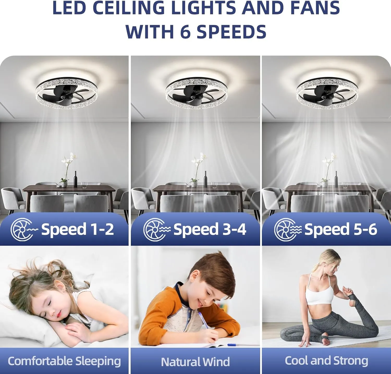 20 Inchs Ceiling Fans with Lights and Remote Low Profile Ceiling Fan and Light Dimmable 36W 3000-6000K LED Fan Lighting Modern Flush Mount for Bedroom Kitchen Living Room (Black)
