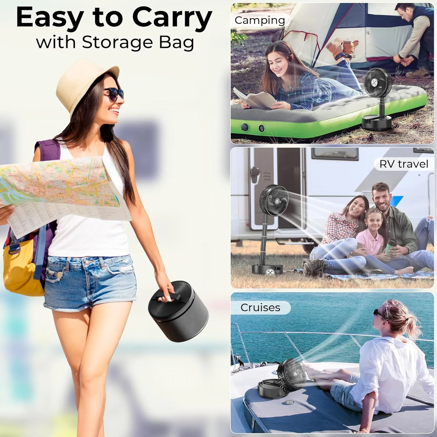 20000mAh Battery Operated Oscillating Table Fan - 112Hrs Rechargeable Camping Fan with Light & Timer, 8 Speeds Portable Travel Fan for Cruise RV Trip, Hurricane Power Outage (8" with Case)