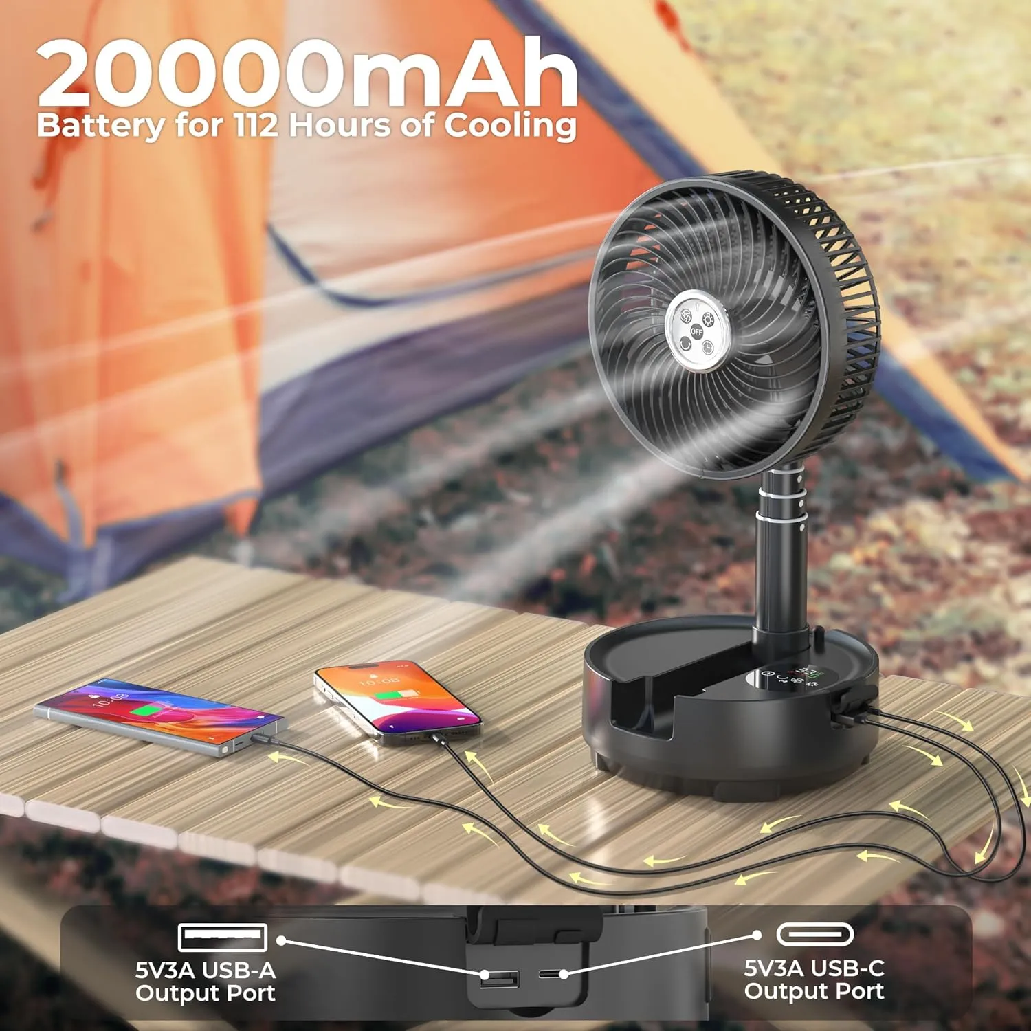 20000mAh Battery Operated Oscillating Table Fan - 112Hrs Rechargeable Camping Fan with Light & Timer, 8 Speeds Portable Travel Fan for Cruise RV Trip, Hurricane Power Outage (8" with Case)