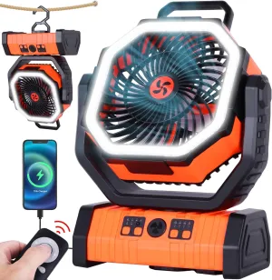 20000mAh Camping Fan Battery Operated,Portable Rechargeable Battery Powered Fan with LED Light,360Oscillating & 8H Timer Portable Camping UEssentials Fans with Hook Battery-powered portable fan