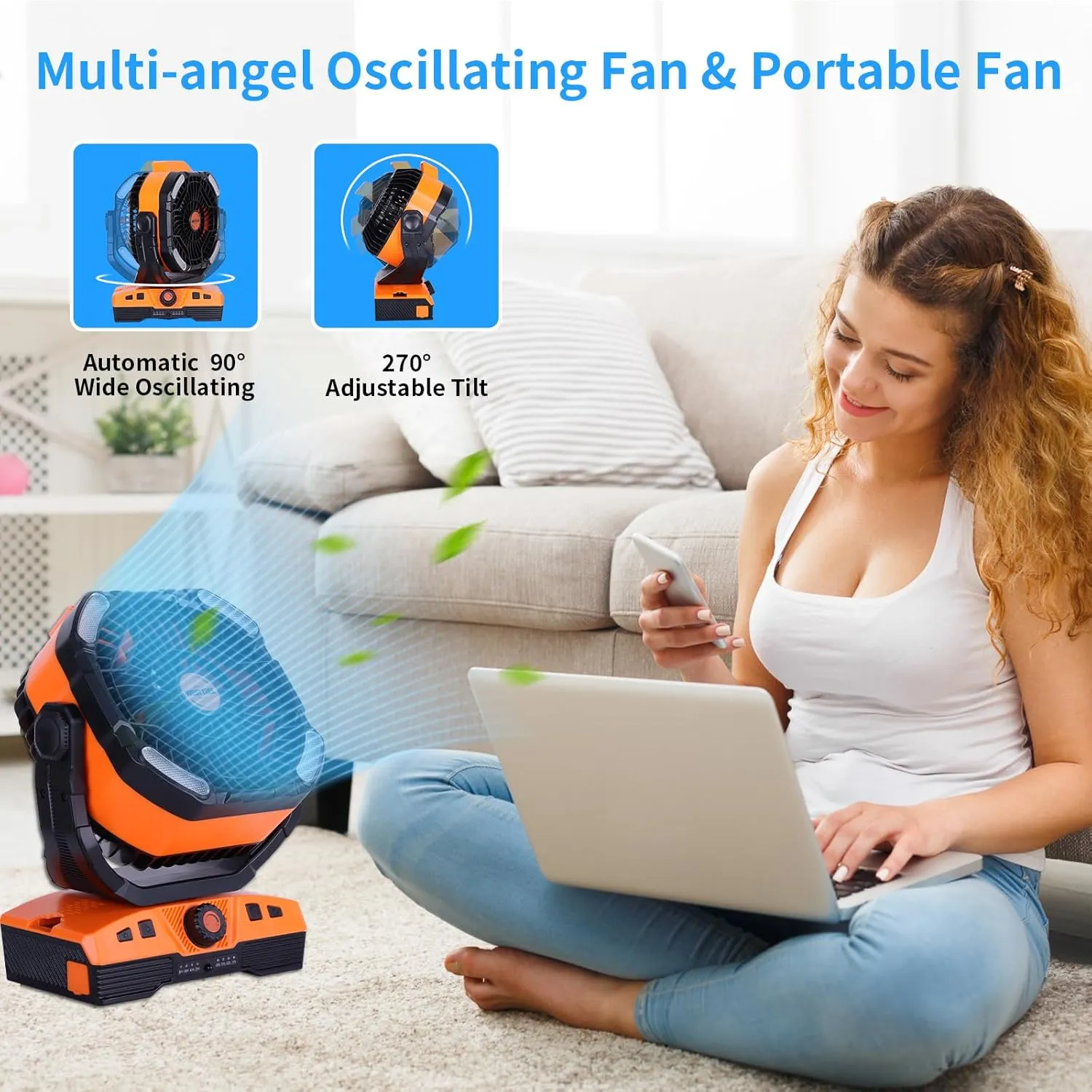 20000mAh Camping Fan Oscillating Portable Fan Battery Powered Fans Rechargeable Camping essentials with Light Hook, 270 Pivot USB Desk Battery Operated Outdoor Tent Travel