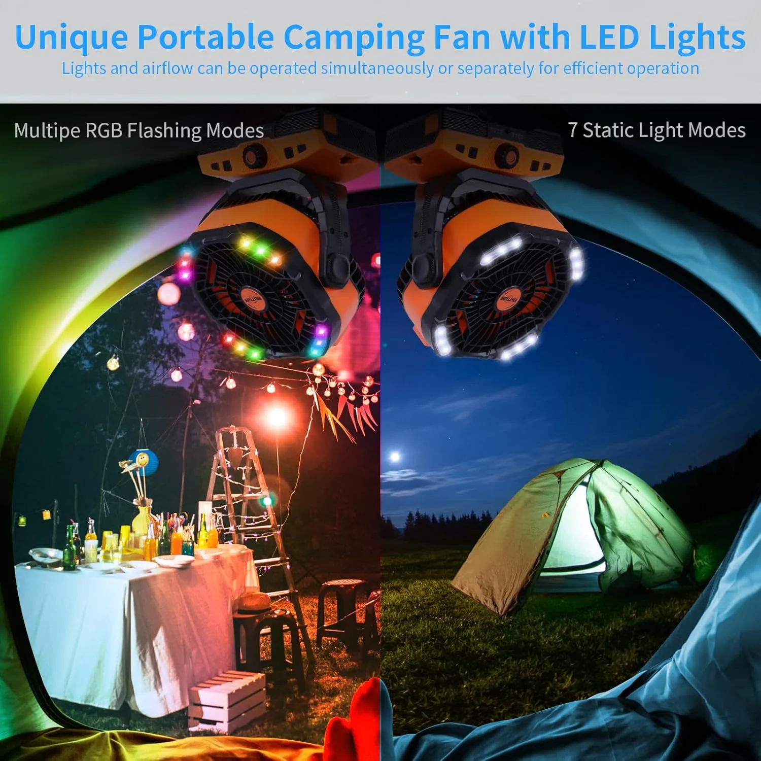 20000mAh Camping Fan Oscillating Portable Fan Battery Powered Fans Rechargeable Camping essentials with Light Hook, 270 Pivot USB Desk Battery Operated Outdoor Tent Travel