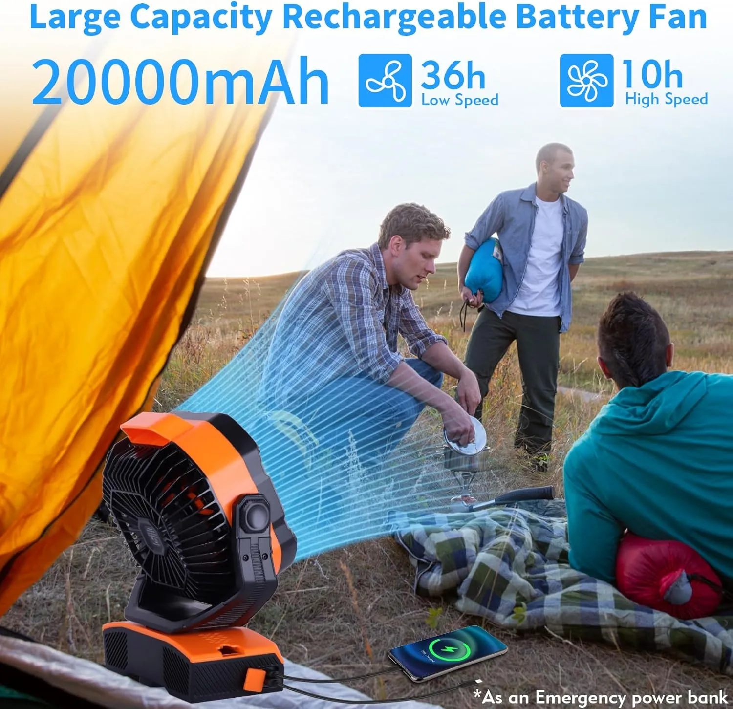 20000mAh Camping Fan Oscillating Portable Fan Battery Powered Fans Rechargeable Camping essentials with Light Hook, 270 Pivot USB Desk Battery Operated Outdoor Tent Travel