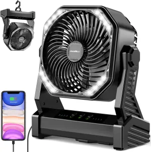 20000mAh Camping Fan, Rechargeable Portable Fan with 400 Lumes Light, 360 Rotatable Hook, 270 Pivot, 4 Speeds, 58Hrs Battery Powered for Tent Car Trip Outdoor BBQ Hurricane Power Outages Battery-powered portable fan