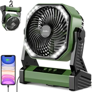 20000mAh Camping Fan, Rechargeable Portable Fan with 400 Lumes Light, 360 Rotatable Hook, 270 Pivot, 4 Speeds, 58Hrs Battery Powered for Tent Car Trip Outdoor BBQ Hurricane Power Outages Battery-powered portable fan