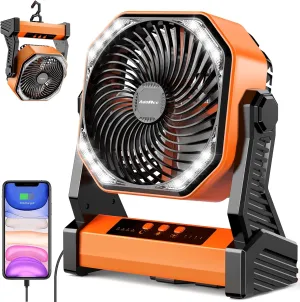 20000mAh Camping Fan, Rechargeable Portable Fan with 400 Lumes Light, 360 Rotatable Hook, 270 Pivot, 4 Speeds, 58Hrs Battery Powered for Tent Car Trip Outdoor BBQ Hurricane Power Outages Battery-powered portable fan