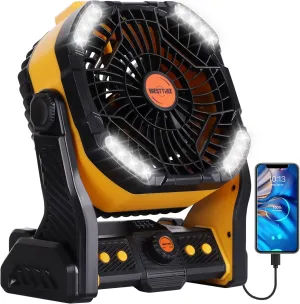 20000mAh Camping Fan with LED Lantern USB Tpye C Rechargeable Battery Operated Outdoor Tent Fan with Light & Hook, 270 Pivot 4 Speeds, Personal USB Desk Fan for Camping Yellow X26A Battery-powered portable fan