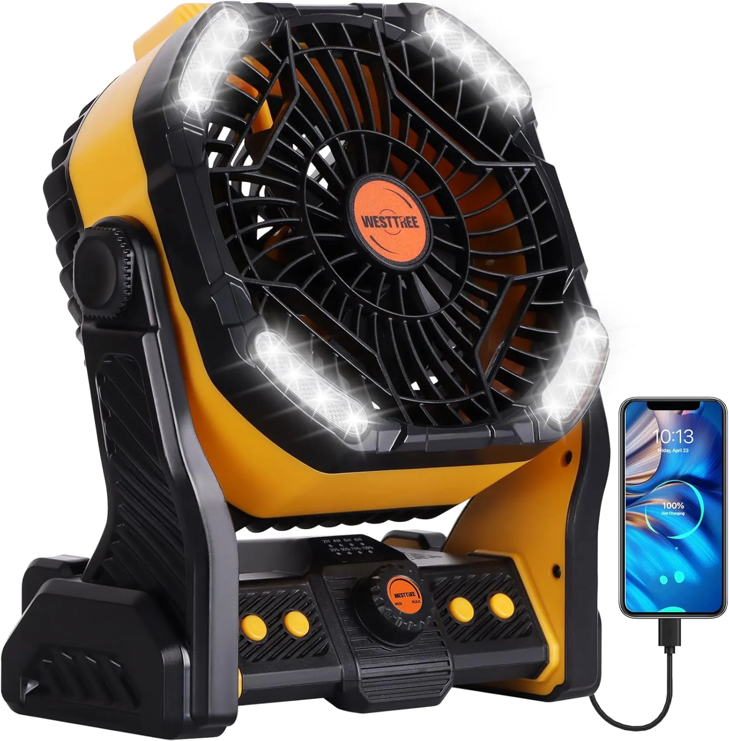 20000mAh Camping Fan with LED Lantern USB Tpye C Rechargeable Battery Operated Outdoor Tent Fan with Light & Hook, 270 Pivot 4 Speeds, Personal USB Desk Fan for Camping Yellow X26A Battery-powered portable fan